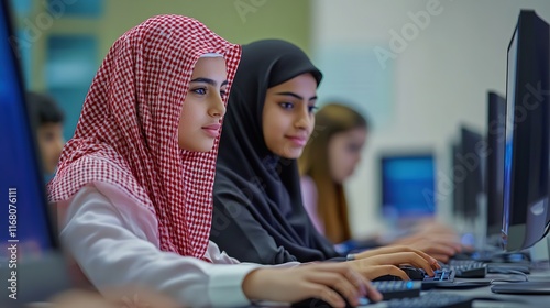 A group of Saudi Arabian students in an advanced educational school