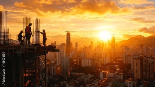 Fototapeta Naklejka Na Ścianę i Meble -  Construction workers at sunset overlooking city skyline urban development dramatic lighting inspirational view