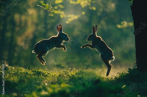 Playful Rabbits Leaping on Grass. photo