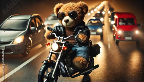 A teddy bear wearing sunglasses and a leather jacket riding a motorcycle on a city street...Concept: Bear riding motorcycle, funny biker mascot, adventurous toy. photo