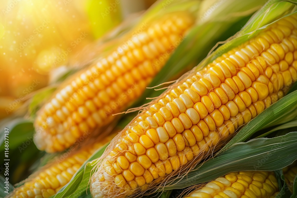fresh corn cobs growing in a lush green field, ideal for agricultural themes. fresh corn cobs growing in a lush green field, ideal for agricultural themes.
