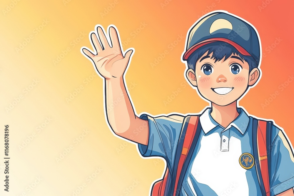 Happy schoolboy waving goodbye cheerfully wearing backpack Happy schoolboy waving goodbye cheerfully wearing backpack