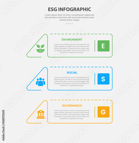 ESG infographic outline style with 3 point template with creative rectangle with triangle edge for slide presentation