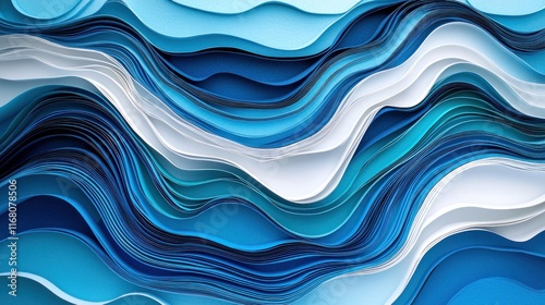 Serene Flowing River Abstract: Layered Cutout Art of Blue, Teal, and White Waves