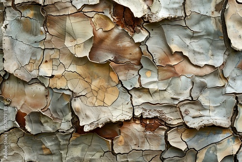 Closeup of textured tree bark, showing intricate patterns of cracks and peeling layers in various shades of grey, brown, and beige. Abstract natural art.