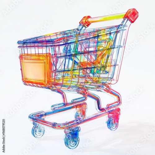 Colorful Transparent Shopping Cart on White Background Against Minimalist Backdrop for E-commerce and Retail Imagery photo