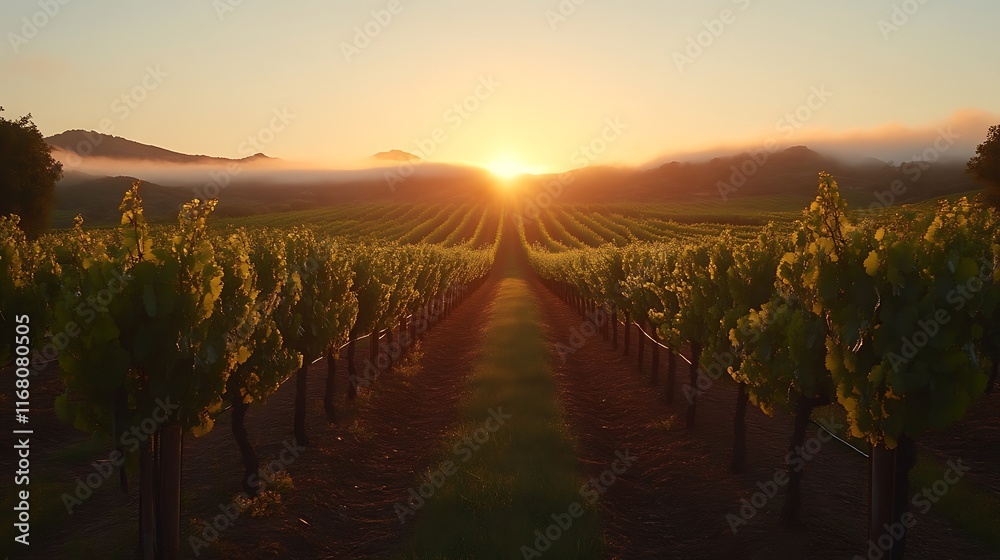 Naklejka premium Sunrise over vineyard rows.