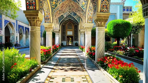Explore Architectural Wonders: A Journey Through Ornate Columns, Arches, and Vibrant Gardens, Showcasing Exquisite Mosaic Details and Peaceful Pathways.