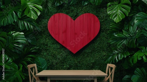 valentine theme concept. A scenic garden scene featuring a heart-shaped floral arch and a dining table surrounded by lush greenery, heart-shaped decor, natural love celebration photo