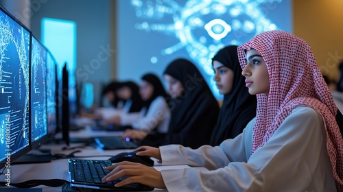 A picture of Saudi Arabian students in the classroom learning on the computer