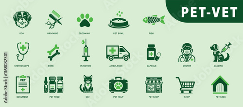 Pets and vet flat icons set. Pet food, pet shop, vaccination, paw print, vet help icons and more signs. Flat icon collection.