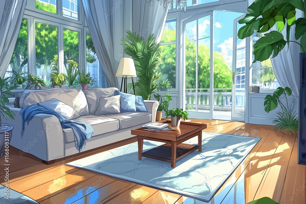 Fototapeta premium A bright and airy living room features stylish home decor with plants, showcasing the beauty of indoor gardening and a cozy atmosphere.