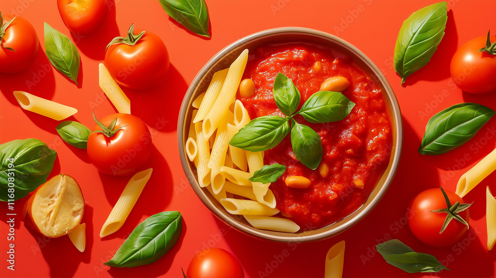 Delicious Penne Pasta with Tomato Sauce and Fresh Basil - Top View Delicious Penne Pasta with Tomato Sauce and Fresh Basil - Top View