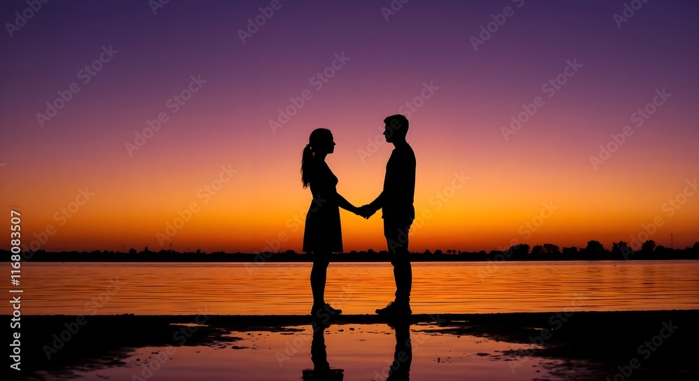 Fototapeta premium Silhouette of a couple standing hand in hand on the beach, with their shadows cast on the golden sand during sunset, creating a romantic and serene atmosphere