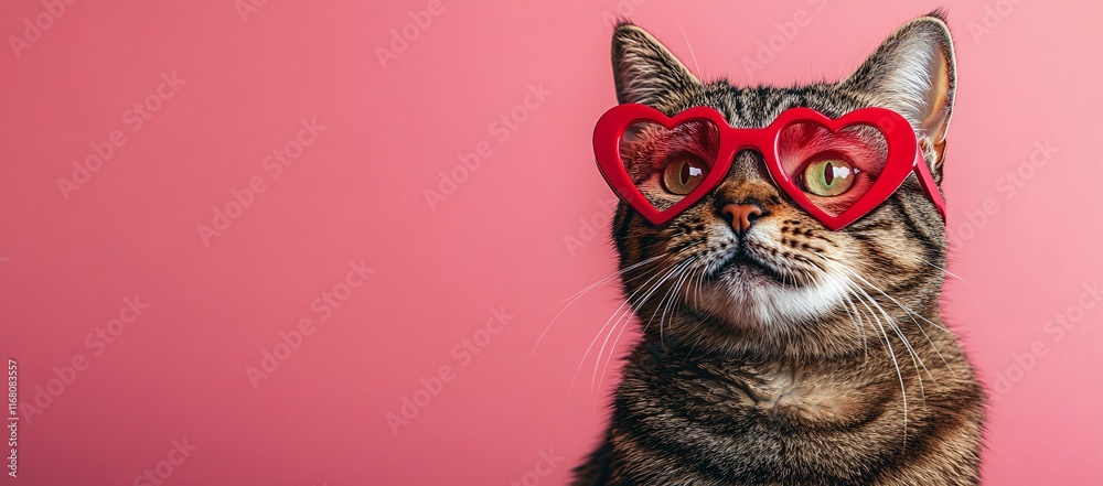 Fototapeta premium Whimsical tabby cat in vibrant red heart-shaped glasses, perfect for Valentine's Day cards, playful themes, or pet-related marketing.