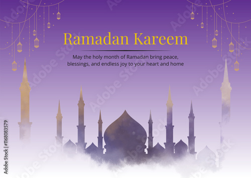 Greeting card ramadan kareem gradient design template background with lanterns and mosque. Watercolor vector illustration background, Islamic celebration and tradition. Banner, poster, flyer.
