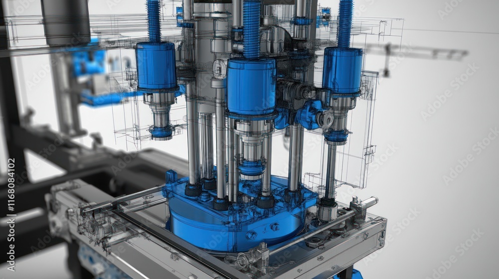 A detailed view of a mechanical assembly with blue and transparent components. A detailed view of a mechanical assembly with blue and transparent components.