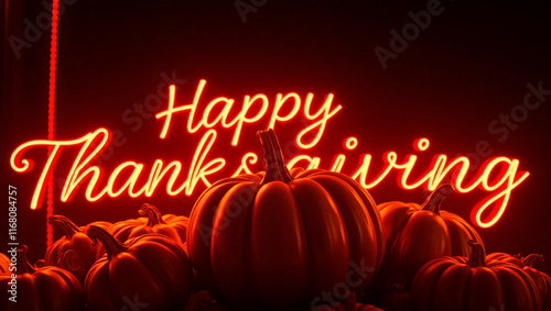 AI generative. Text of happy thanksgiving day design with effect of neon glow on the dark background. 1