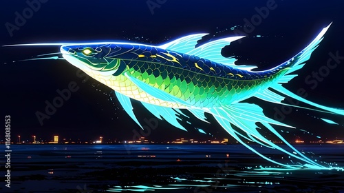 Neon-Colored Fantasy Fish with Luminous Scales in Water