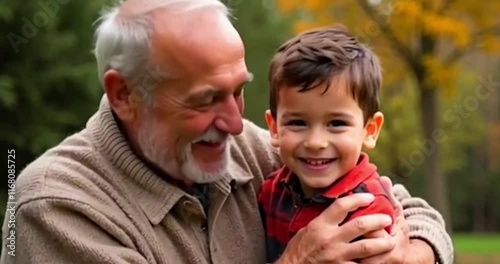 Grandpa and grandson enjoy family time, captured in a portrait of a senior and young boy. Grandparents Day