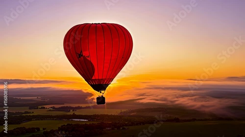 warm sunset with a hot air balloon
