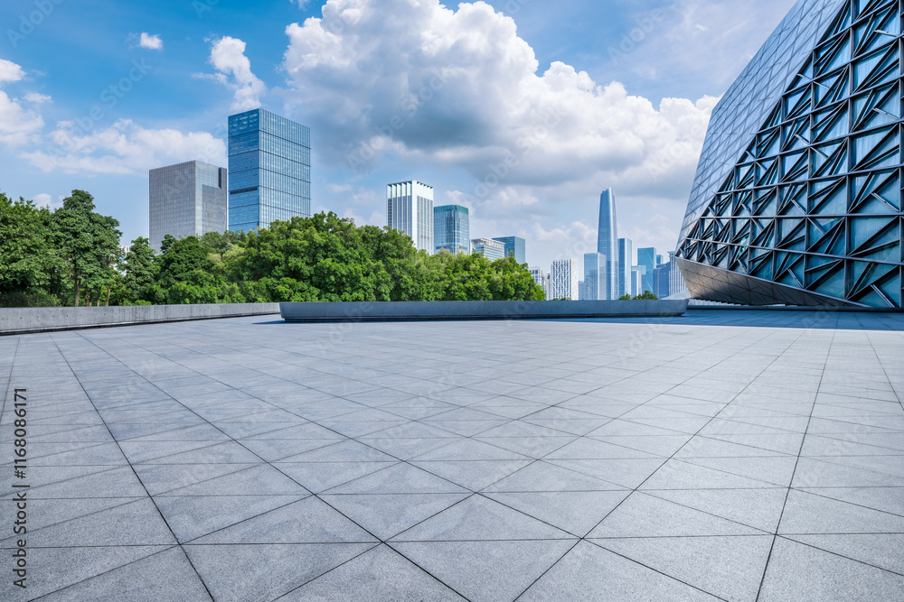 Empty square floor with modern city buildings scenery in Shenzhen, China. Outdoor city background.