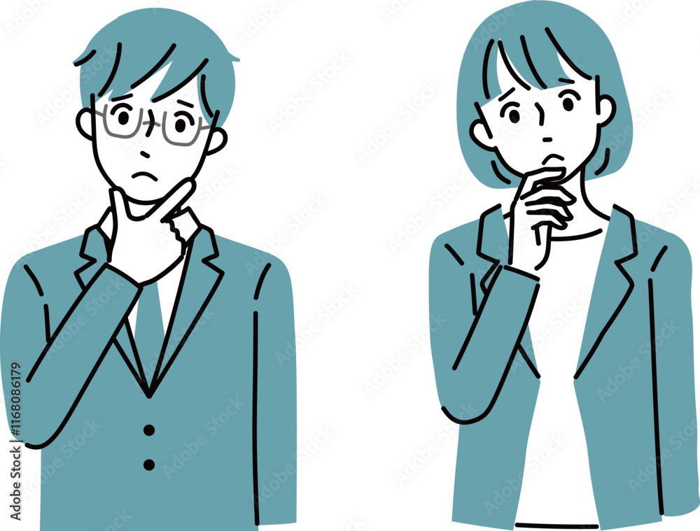考え込むスーツ姿の男女
