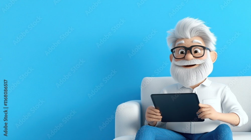 A cheerful elderly man with glasses using a tablet on a couch. A cheerful elderly man with glasses using a tablet on a couch.