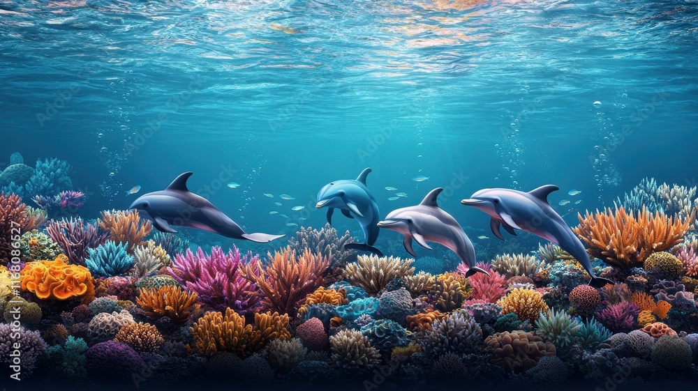 Fototapeta premium A vibrant underwater scene showcasing dolphins swimming among colorful coral reefs.