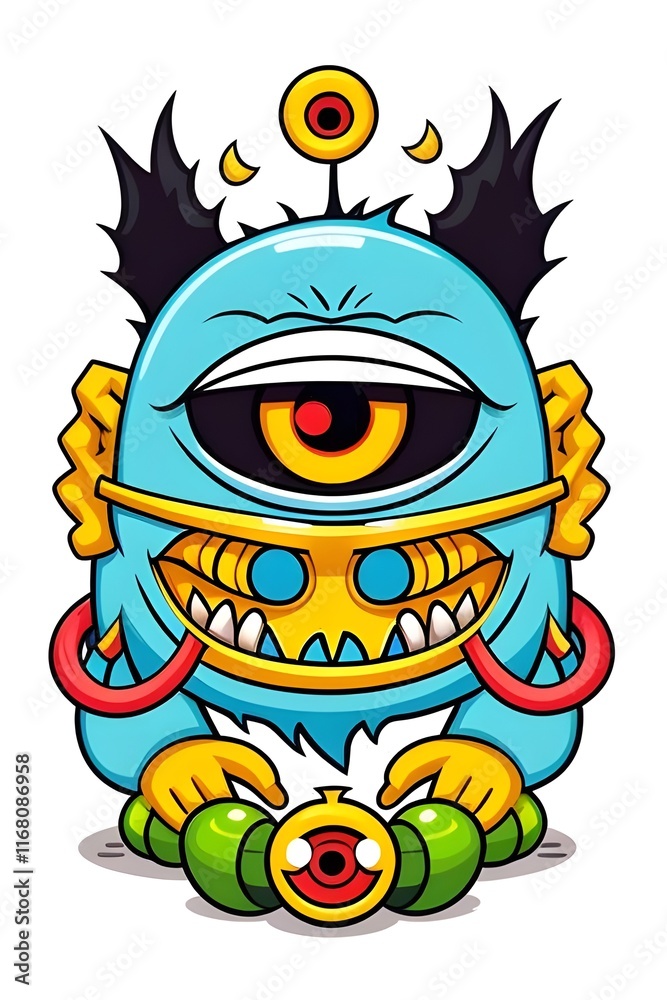 Illustration, art, of a cartoon evil cyclops one eyed monster, bright neon colors, suitable for a t-shirt design, vector, bright, colorful, fantasy, creature, quirky, psychedelic, comic, graphic, bold