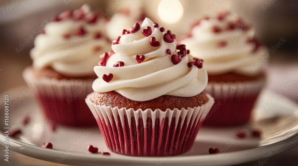Red velvet cupcakes with cream frosting and heart-shaped sprinkles. Red velvet cupcakes with cream frosting and heart-shaped sprinkles.