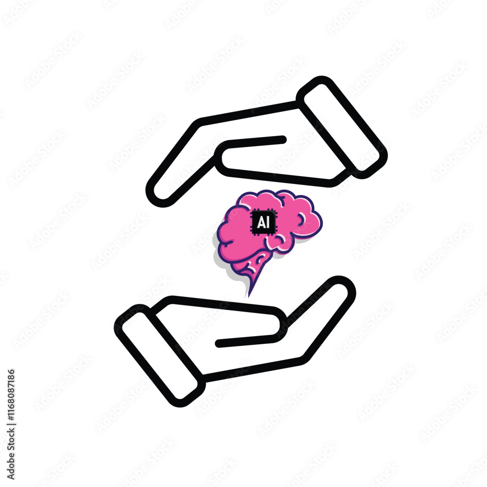 brain icon. brain and artificial intelligence in hand. Brain design and chip in the middle. Education, technology and protection vector design. Mixed design style brain icon. brain and artificial intelligence in hand. Brain design and chip in the middle. Education, technology and protection vector design. Mixed design style
