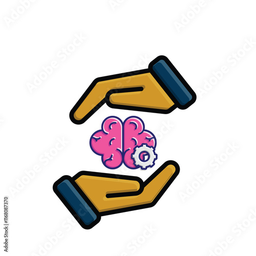 brain icon. brain and artificial intelligence in hand. Brain design and chip in the middle. Education, technology and protection vector design. colored flat design style