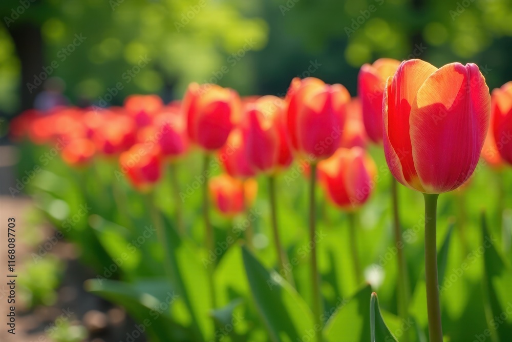 Row of vibrant tulip flowers blooming in a green field with sunshine and gentle breeze, garden, sunlight, landscape Row of vibrant tulip flowers blooming in a green field with sunshine and gentle breeze, garden, sunlight, landscape