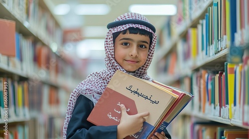 A Saudi Arabian student carrying a set of books inside the school library, enjoying reading textbooks