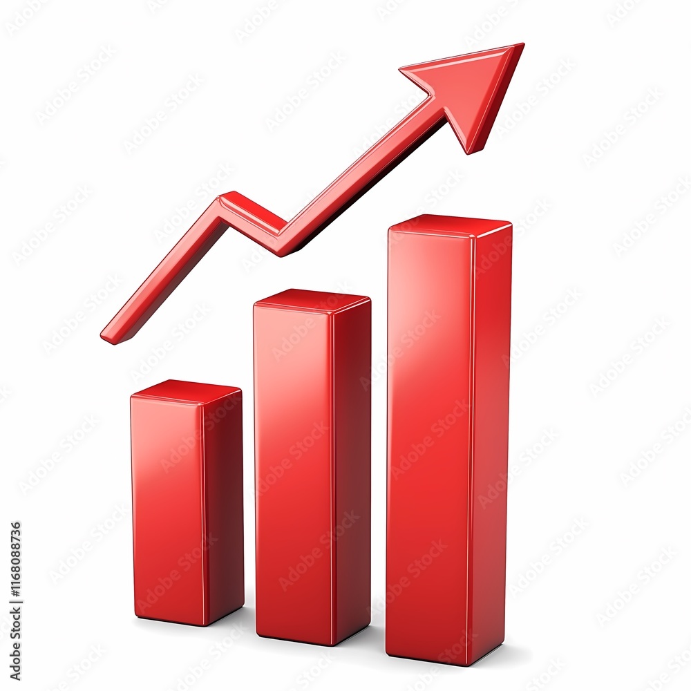 Red Bar Graph with Upward Arrow Indicating Growth and Progression Red Bar Graph with Upward Arrow Indicating Growth and Progression