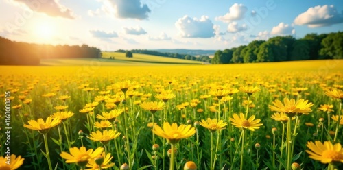 Tansy fields on a sunny day brightening the landscape, flowersfield, golden photo