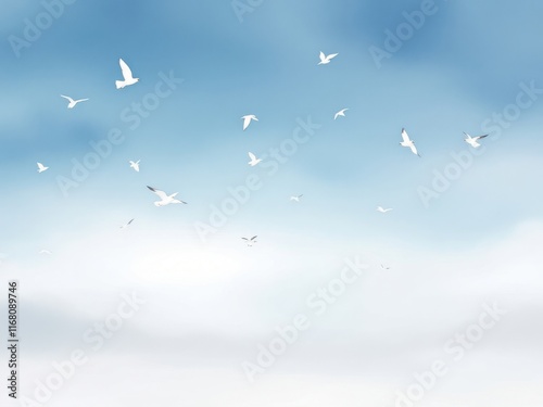 Abstract sky background with white birds, creating a serene and peaceful scene, ideal for calming or nature themed designs. photo