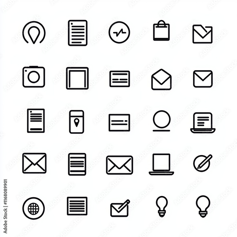 Collection of Minimalistic Line Icons for Business, Communication, and Technology on a Light Background Collection of Minimalistic Line Icons for Business, Communication, and Technology on a Light Background