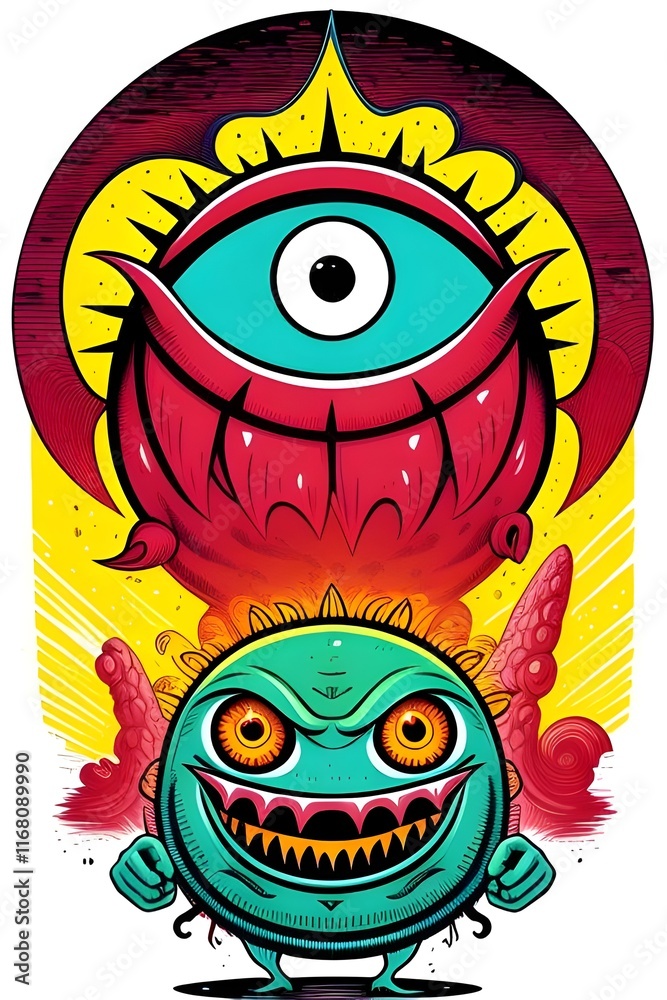 Fototapeta premium Illustration, art, of a cartoon evil cyclops one eyed monster, bright neon colors, suitable for a t-shirt design, vector, bright, colorful, fantasy, creature, quirky, psychedelic, comic, graphic, bold