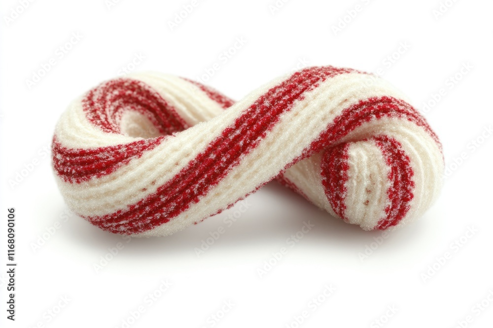 A twisted, red and white candy with a sugary coating, resembling a peppermint swirl. A twisted, red and white candy with a sugary coating, resembling a peppermint swirl.