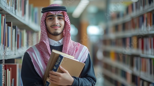A Saudi Arabian student carrying a set of books inside the school library, enjoying reading textbooks
