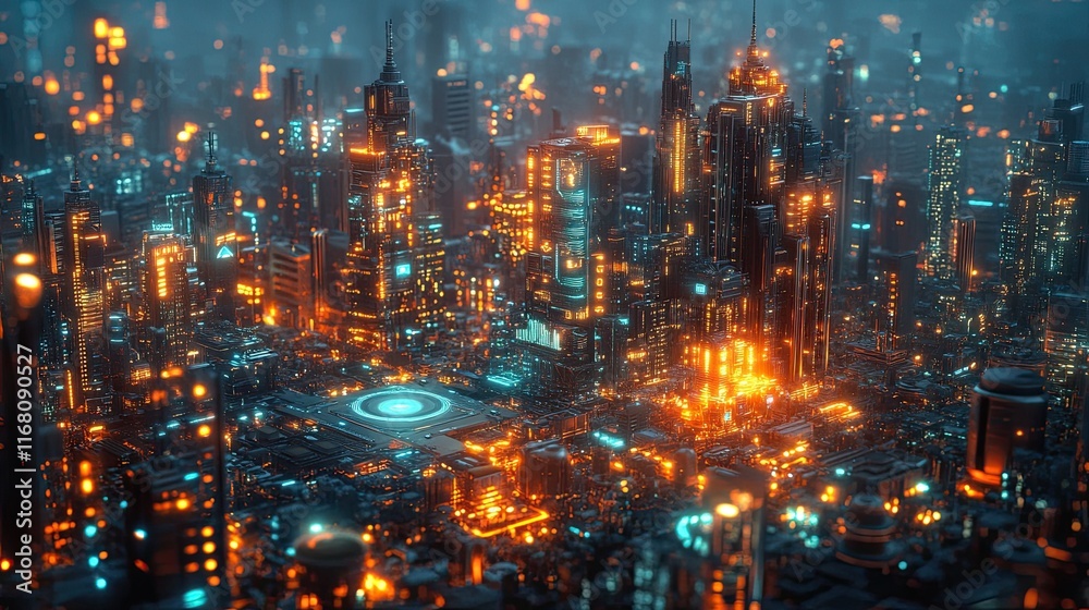 Fototapeta premium An information technology and internet of things hub with dynamic data flow, a futuristic digital metropolis with 3D-rendered circuitry and motherboard depiction