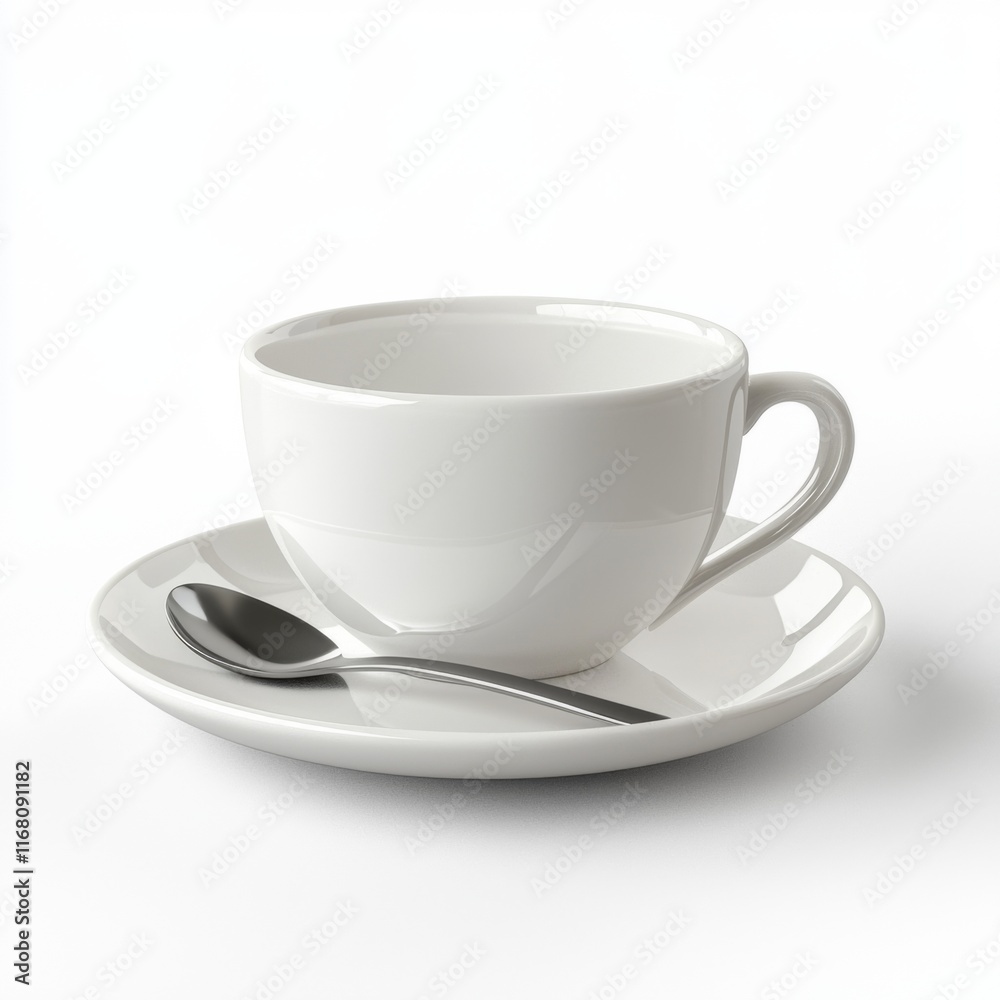 Elegant white ceramic cup with saucer and silver spoon on minimalistic background for coffee, tea, or beverage presentations Elegant white ceramic cup with saucer and silver spoon on minimalistic background for coffee, tea, or beverage presentations