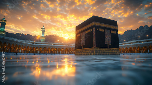 Kaaba at Sunrise Golden Sky Majestic View
