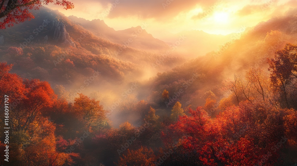 Naklejka premium The serene landscape of Bukhansan at sunrise, with warm light breaking through autumn mist and highlighting vibrant foliage