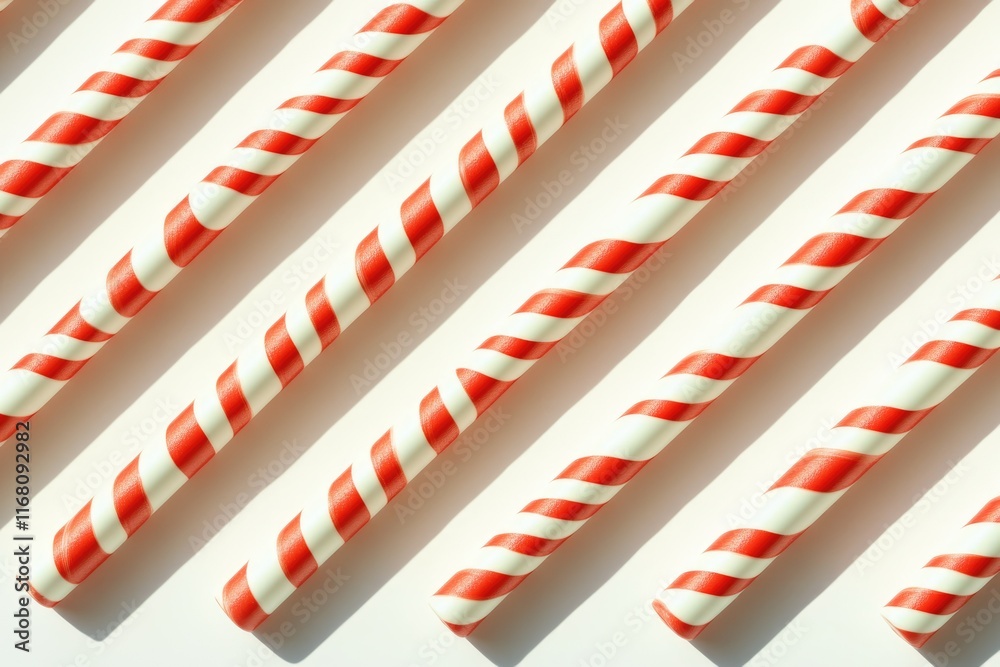 Obraz premium Red and white striped straws arranged in parallel lines casting shadows on a white background.
