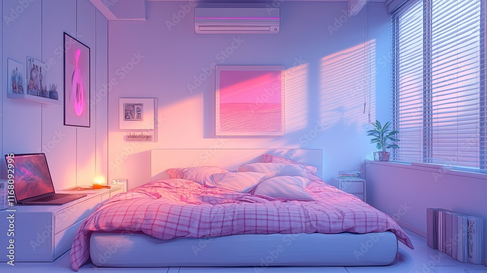 An anime-style drawing of a comfortable bedroom with a white wall, pink plaid, cushions, and an unmade bed. The interior design is light and adorable, with brilliant lighting and muted colors. An anime-style drawing of a comfortable bedroom with a white wall, pink plaid, cushions, and an unmade bed. The interior design is light and adorable, with brilliant lighting and muted colors.