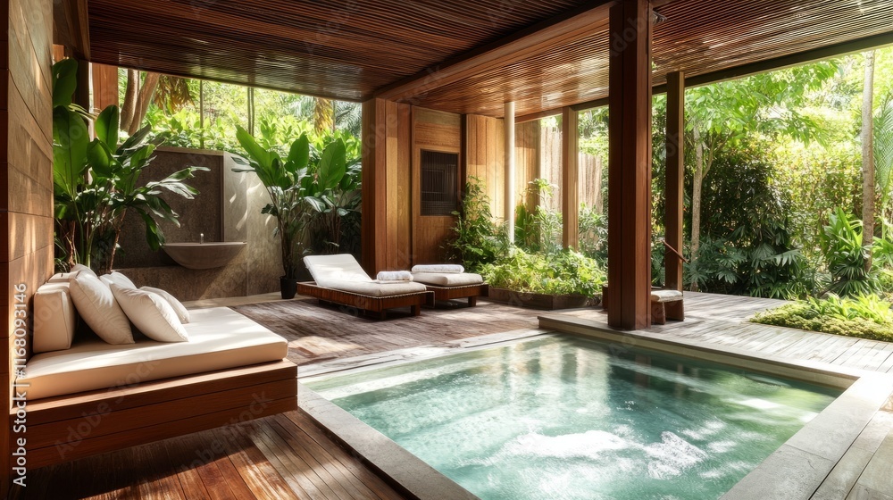 A tranquil spa-like interior with warm wooden tones, a natural light-filled seating area, and subtle touches of greenery. A tranquil spa-like interior with warm wooden tones, a natural light-filled seating area, and subtle touches of greenery.