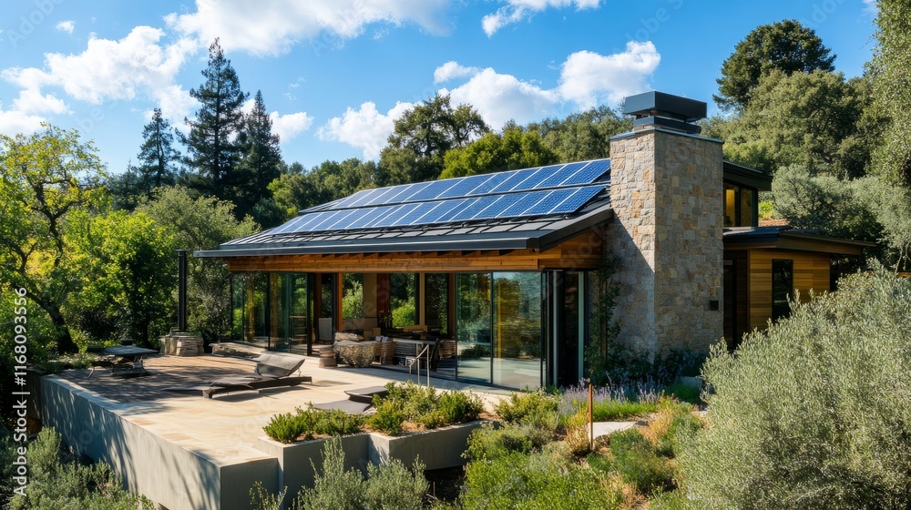 A well-designed home with rooftop solar panels and a sleek heat pump unit, set against a backdrop of trees and sunny skies. A well-designed home with rooftop solar panels and a sleek heat pump unit, set against a backdrop of trees and sunny skies.
